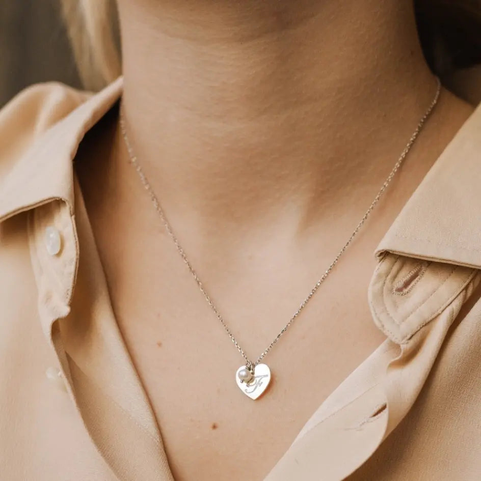 Heart Pearl Initial Necklace Silver 925