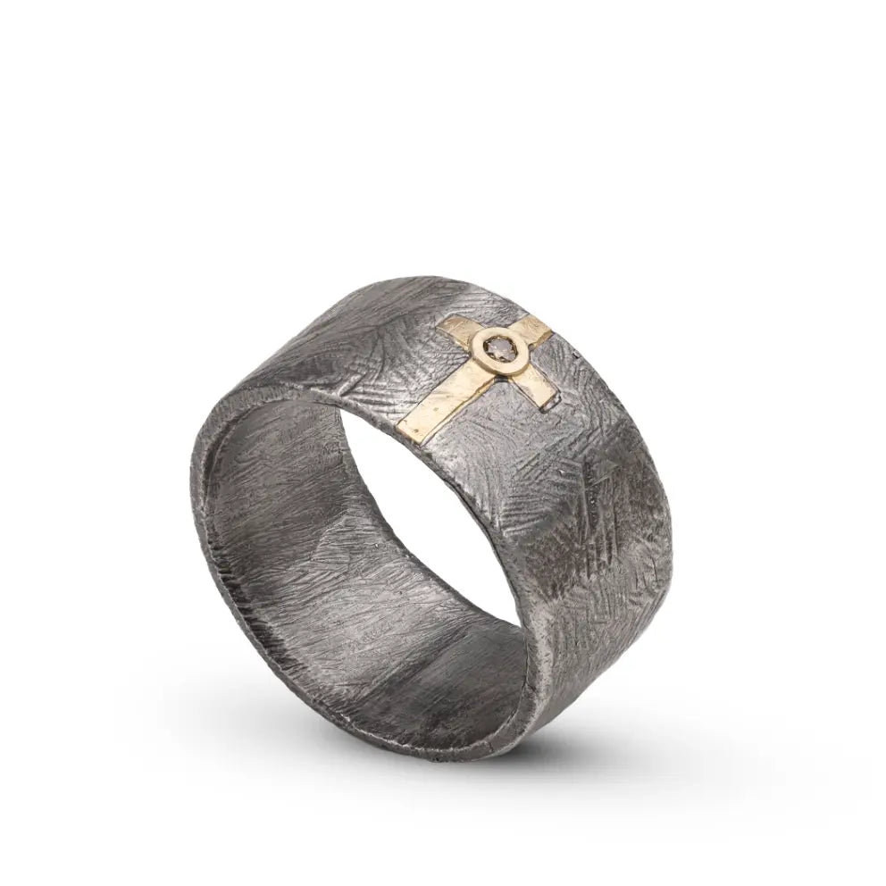 men's diamond cross ring 14k gold oxidized silver, brutalist style, handcrafted texture, sterling silver band with gold cross detail.