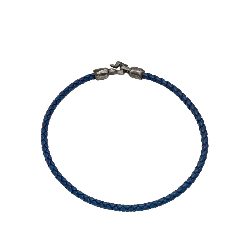 Blue Leather Cord Bracelet Oxidized Silver